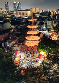 Aerial View of People Standing Around Large Lanterns Installation in Nagoya, Japan